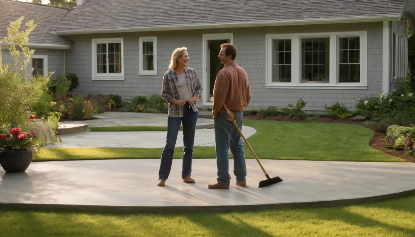 Friendly homeowners relaxing on a newly poured concrete patio behind a house in Agawam Town