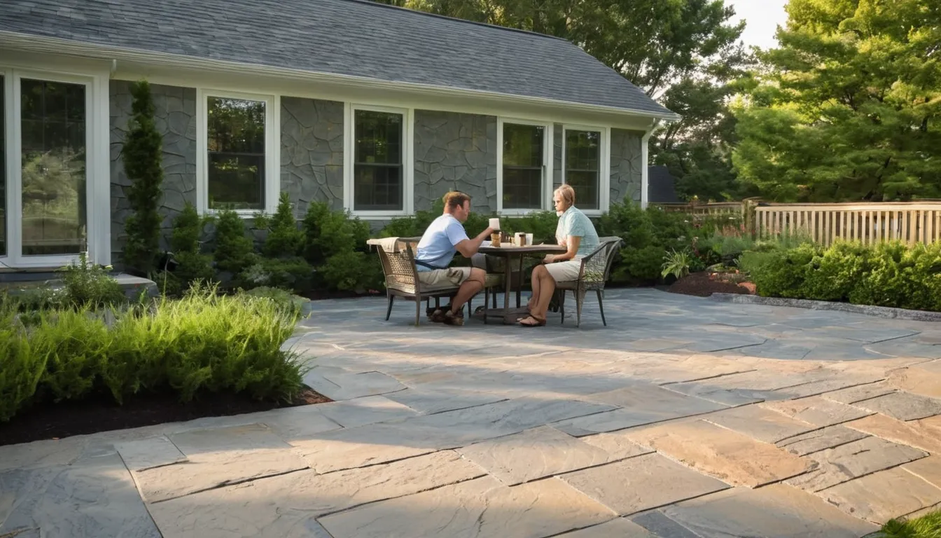 A stamped concrete patio in a backyard in the Agawam Town area